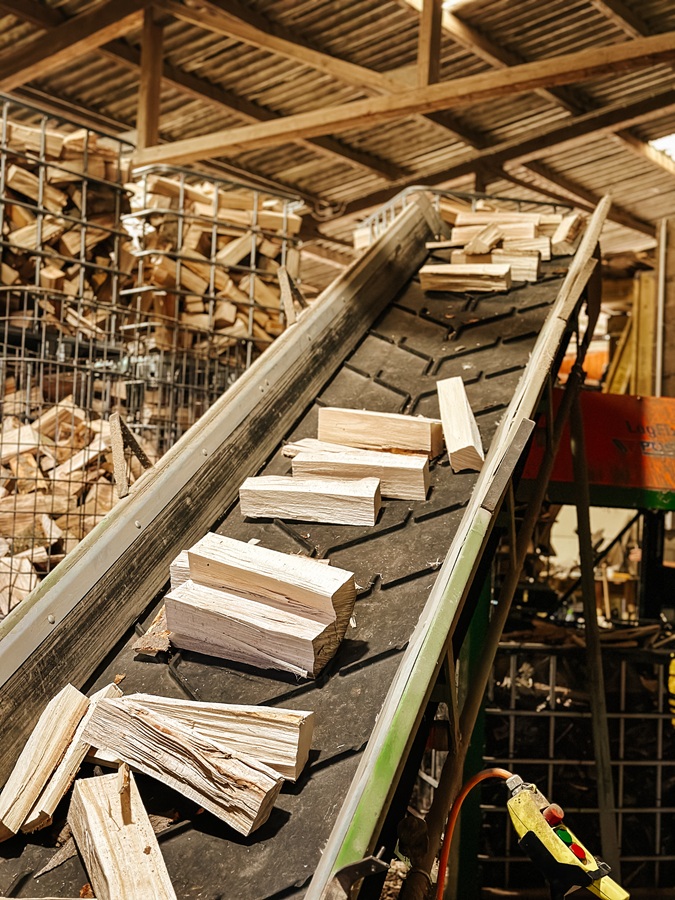 Holzscheite auf einem Förderband